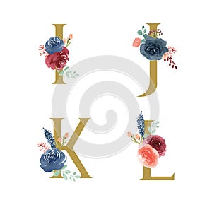 Gold Alphabet florals setÂ collection, Blue-red rose and pink peony flowers bouquets, Design for wedding invitation, celebrate